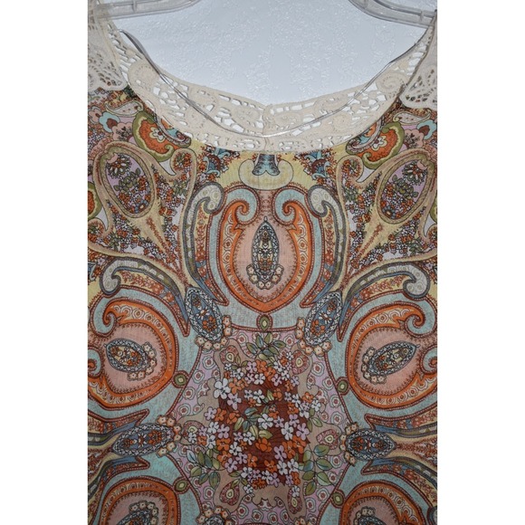 One World Sleeveless Top Large Crochet Shoulders High-Low Hem Sheer Boho Hippie - Picture 13 of 16